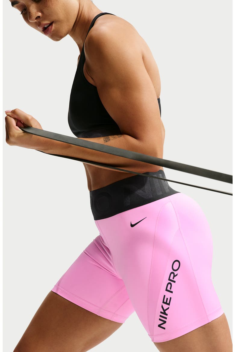 Pro Performance Mid Thigh Shorts, Alternate, color, PINK RISE/ BLACK/ BLACK