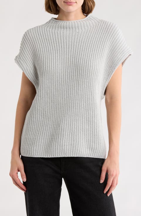 Mock Neck Cap Sleeve Cotton Blend Sweater