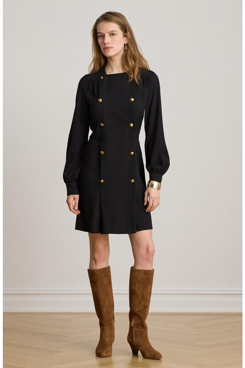 Long Sleeve Double Breasted Georgette Coat Dress, Alternate, color, BLACK