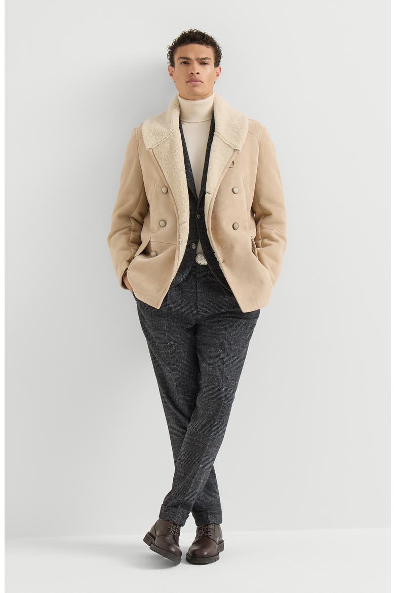 Suede curly shearling pea coat with shawl collar, Alternate, color, Sand