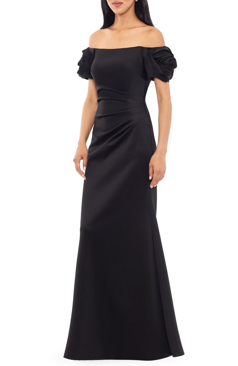 Xscape Evenings Rosette Off the Shoulder Scuba Crepe Trumpet Gown, Alternate, color, 