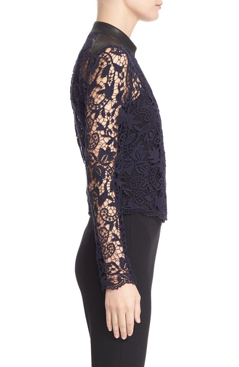 Yigal Azrouël Guipure Lace & Lambskin Leather Moto Jacket, Alternate, color, 