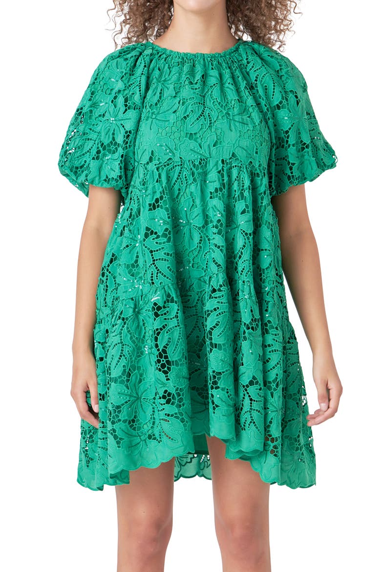 Lace & Sequin Trapeze Minidress, Alternate, color, GREEN