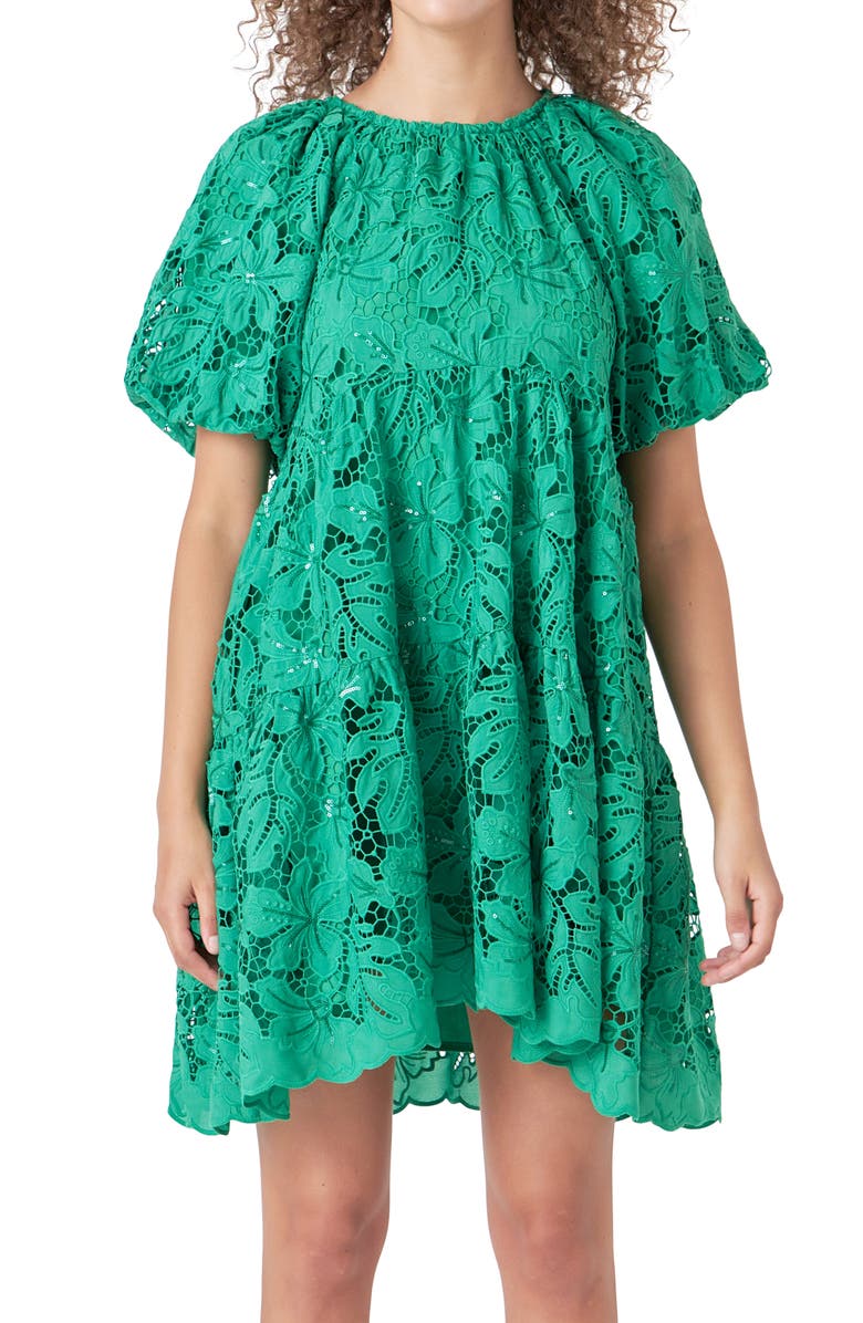 Endless Rose Lace & Sequin Trapeze Minidress, Alternate, color, Green