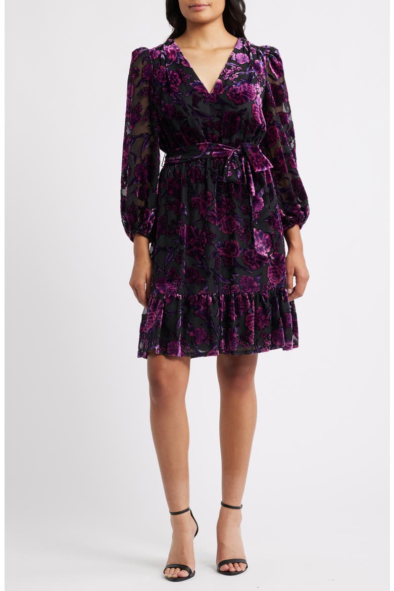 Ruffle Floral Burnout Long Sleeve Fit & Flare Cocktail Dress, Main, color, BLACK WILD BERRY