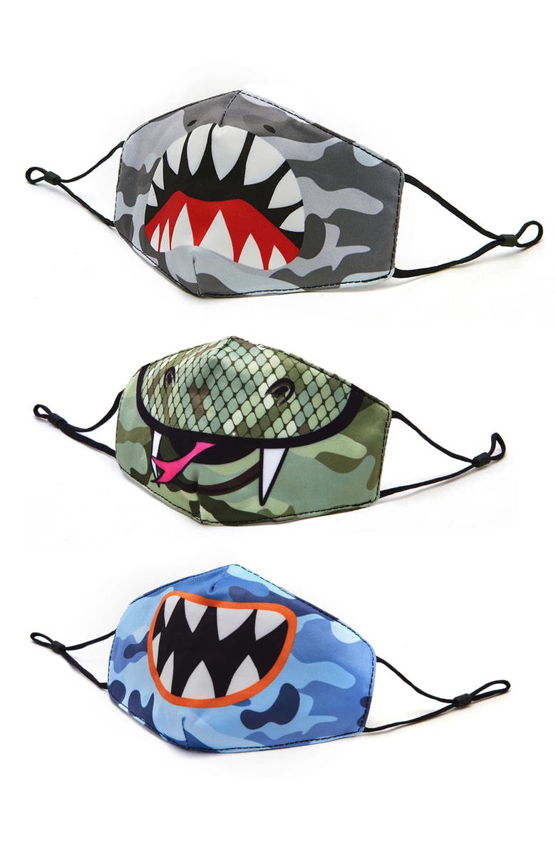 OMG Accessories 3-Pack Toothy Camo Print Face Masks, Main, color, 