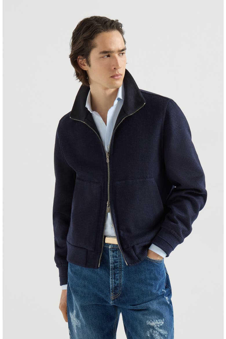 Hand-crafted reversible bomber jacket in cashmere Prince of Wales flannel double cloth, Main, color, Blue