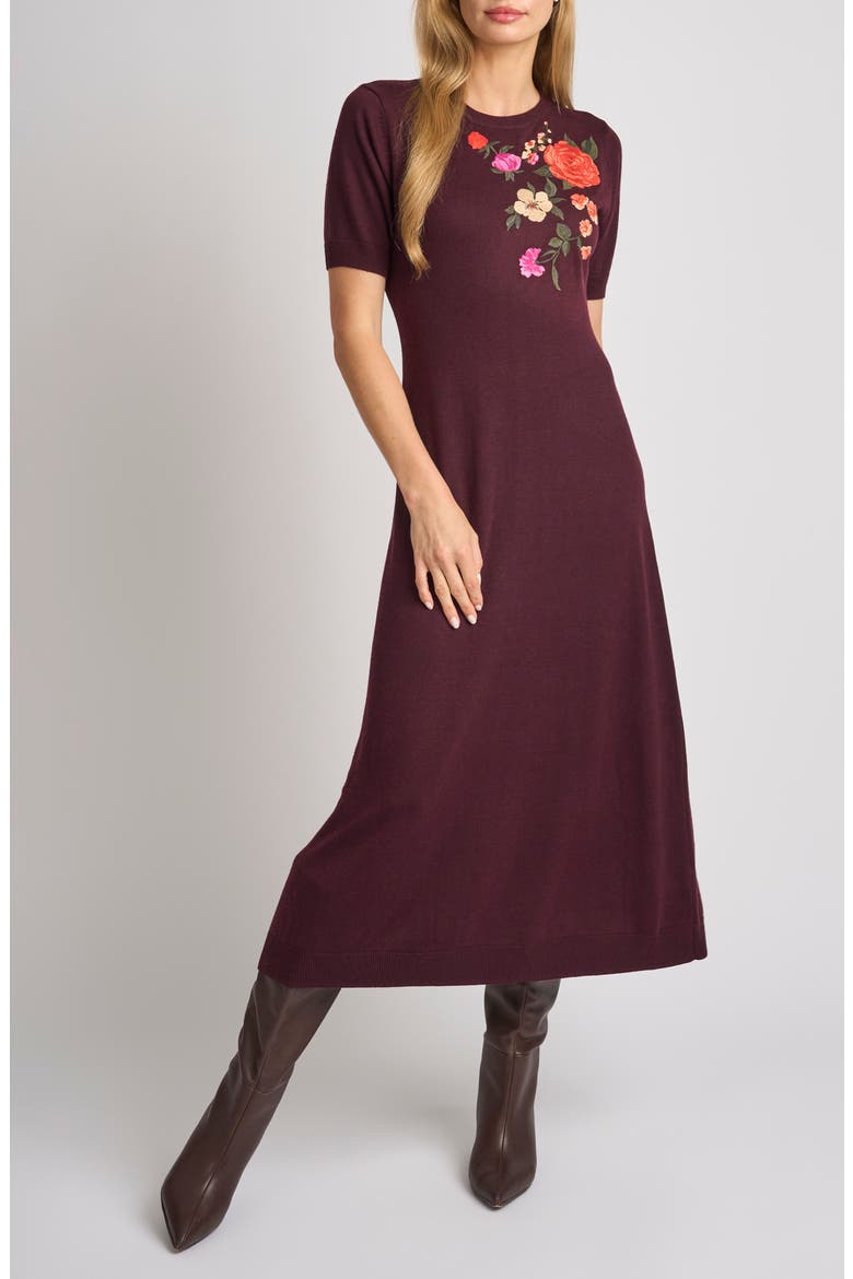 Jina Embroidered Elbow Sleeve Sweater Dress, Main, color, BURGUNDY GRAPE