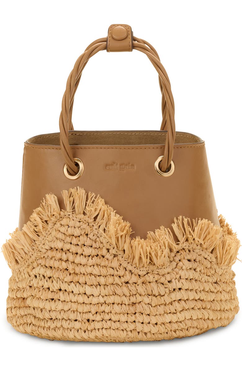 Cult Gaia Jojo Leather & Raffia Top Handle Bag, Main, color, Camel