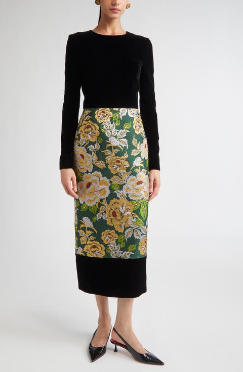 Long Sleeve Floral Jacquard & Velvet Midi Dress