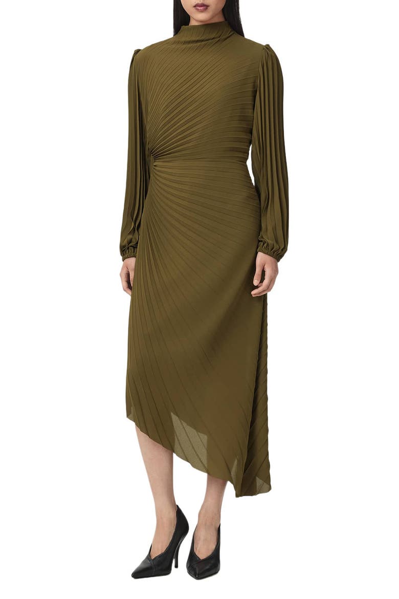 Milena Pleated Long Sleeve Asymmetric Dress, Main, color, OLIVE KHAKI GREEN