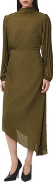 AllSaints Milena Pleated Long Sleeve Asymmetric Dress