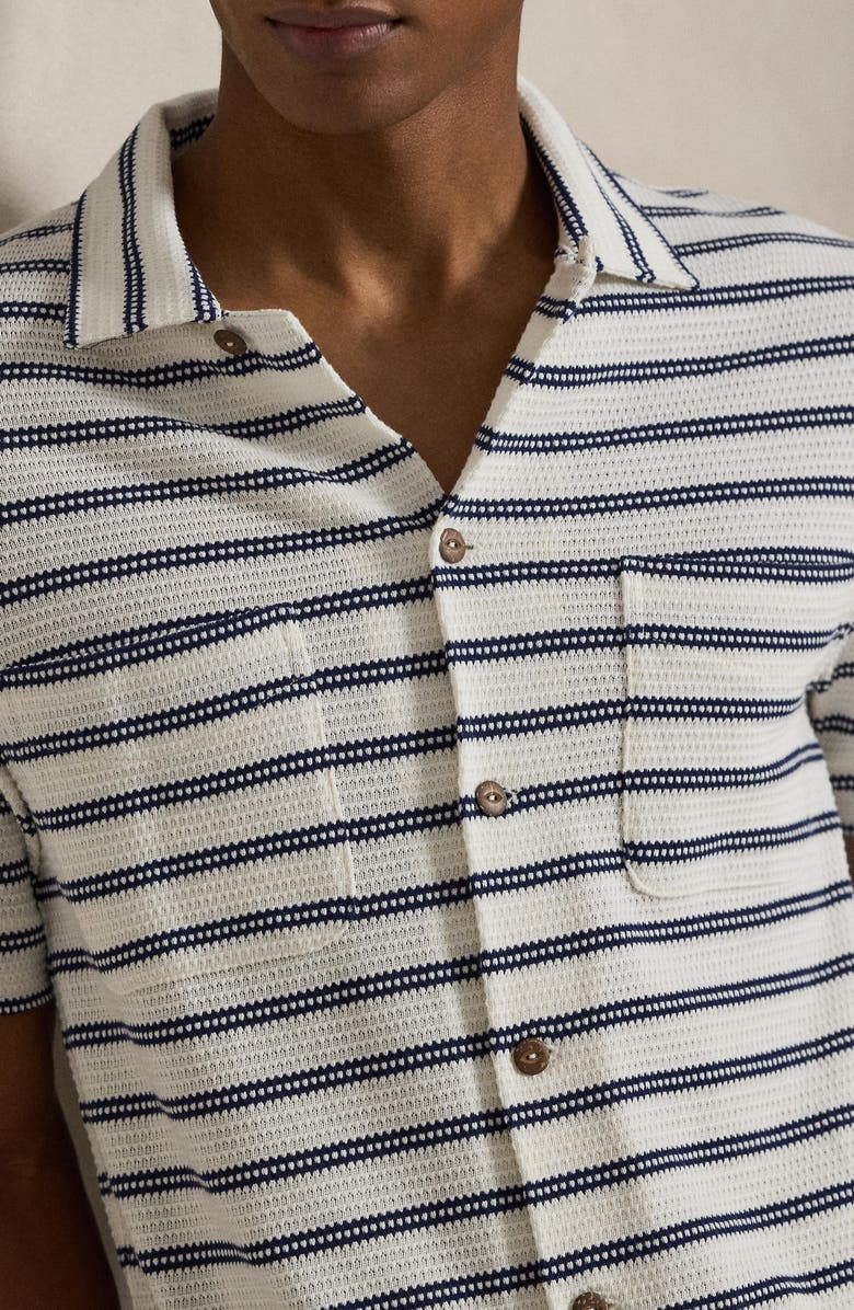 Polo Ralph Lauren Stripe Pointelle Camp Shirt, Alternate, color, Pale Cream/ Newport Navy