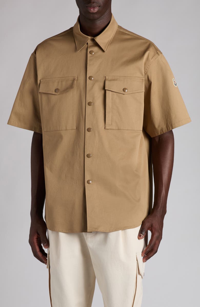 Moncler Short Sleeve Cotton Stretch Gabardine Utility Shirt, Main, color, Caramel