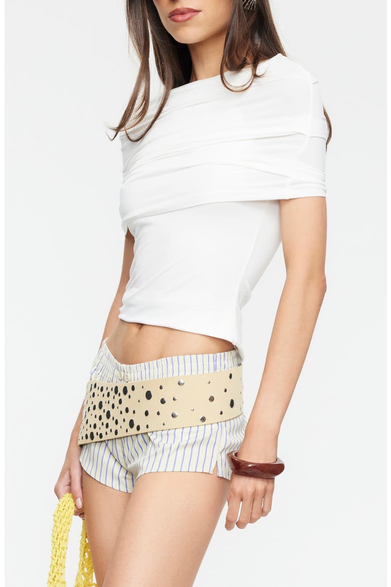 Bella Vita Ruched Foldover Mock Neck Crop Top, Alternate, color, PORCELAIN