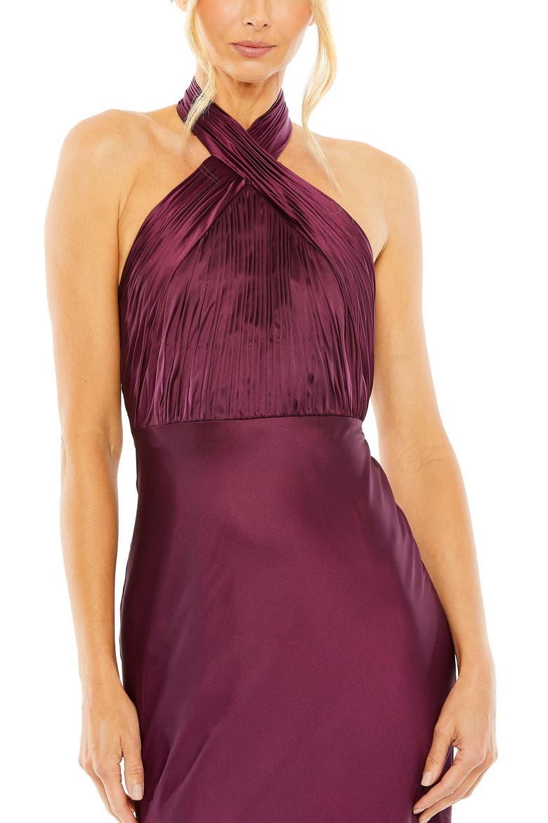 Pleated Halter Neck Satin Gown, Alternate, color, Plum