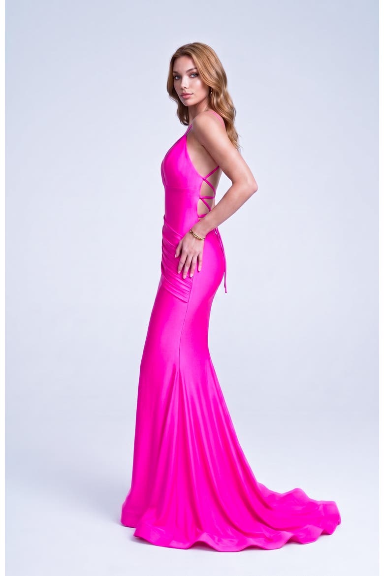 Ruched Plunge Neck Strappy Back Mermaid Evening Gown, Alternate, color, Neon Pink