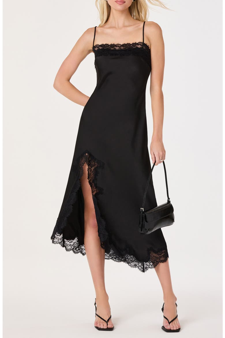 Mauresa Lace Trim Satin Slipdress, Alternate, color, BLACK