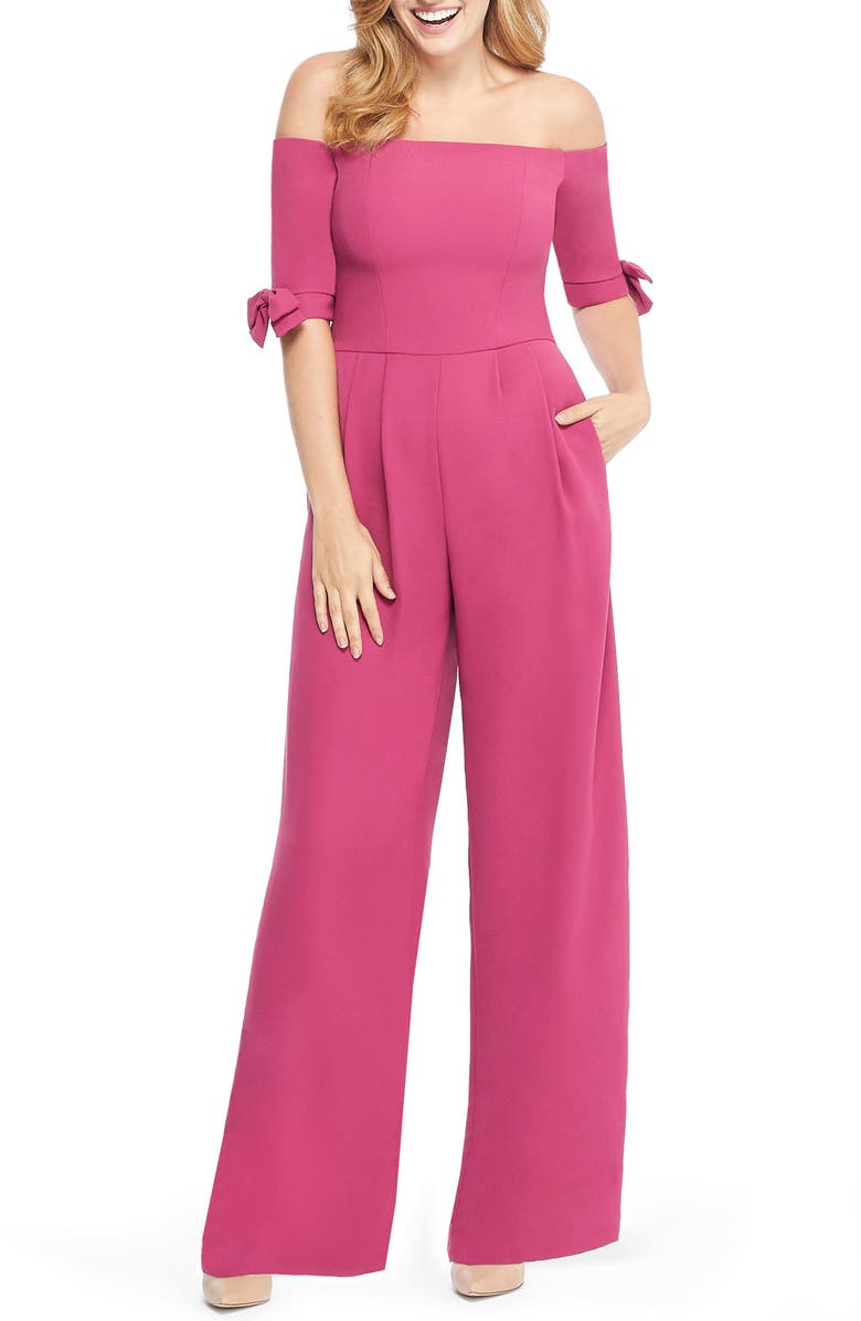 Gal Meets Glam Collection Meredith Crepe Off the Shoulder Jumpsuit, Main, color, 