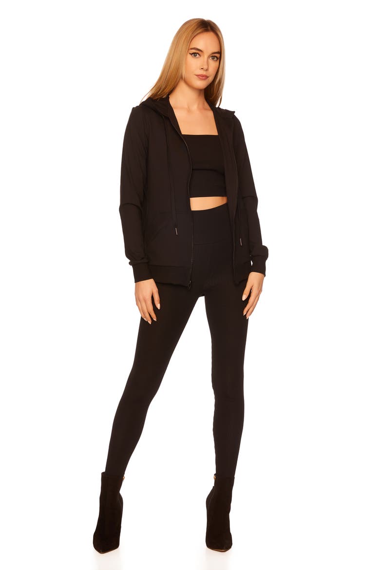 Rib Trim Full Zip Hoodie, Alternate, color, BLACK