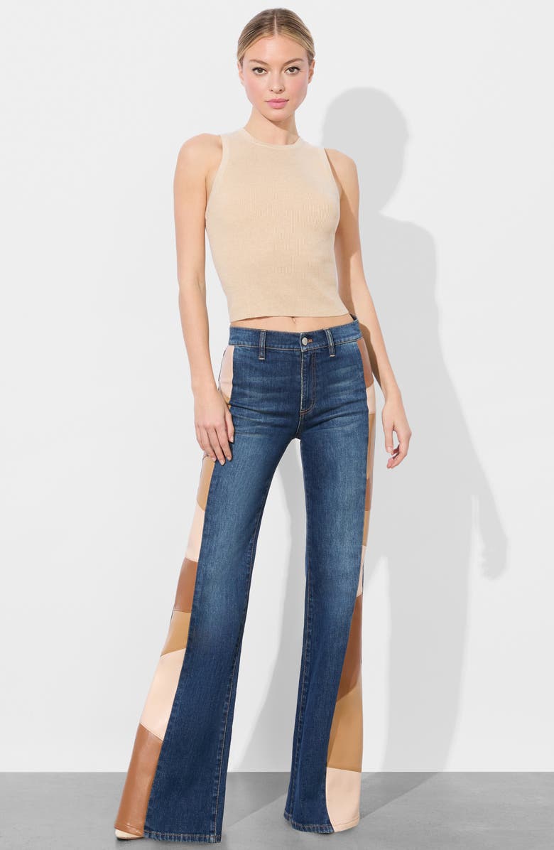 Alice + Olivia Faux Leather Patchwork High Waist Wide Leg Jeans, Alternate, color,