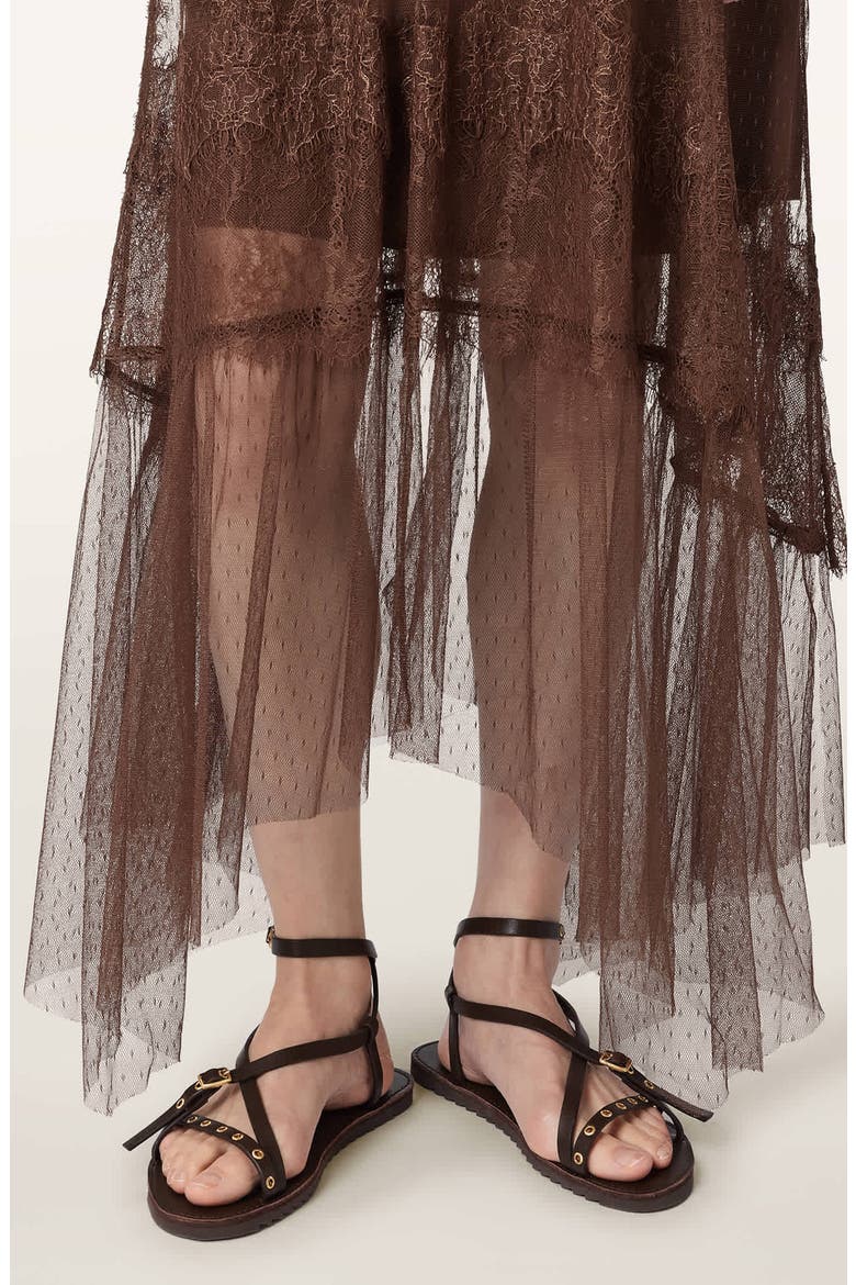 Clara Sheer Lace Sleeveless Handkerchief Hem Dress, Alternate, color, BITTER BROWN