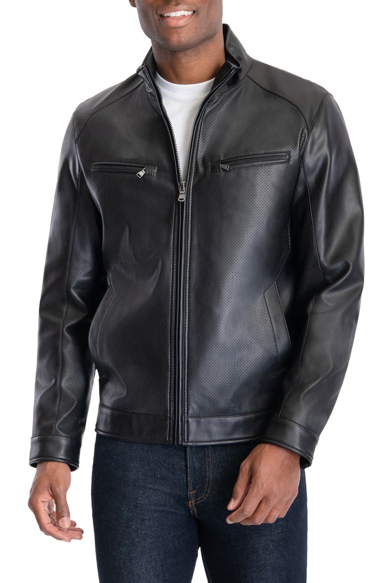 Perforated Faux Leather Moto Jacket, Alternate, color, BLACK