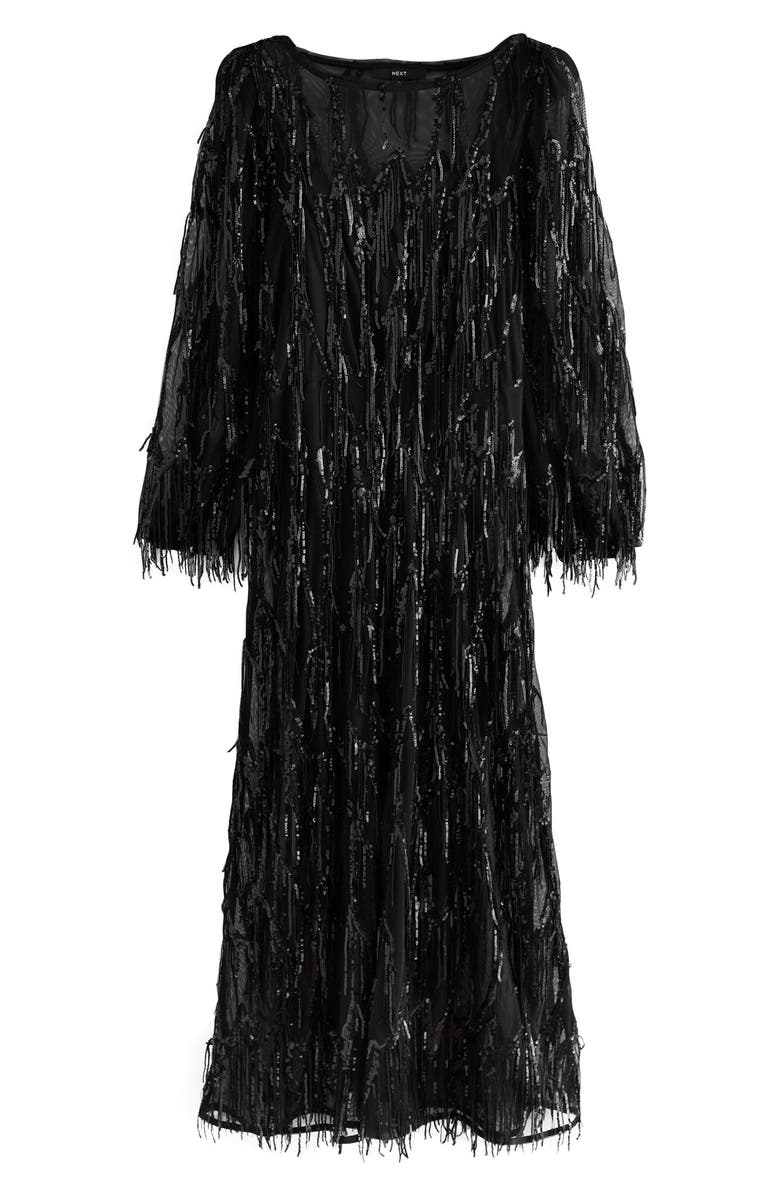 NEXT Sequin Tassel Long Sleeve Dress, Alternate, color, Black
