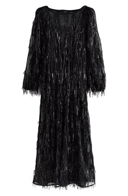 Next Sequin Tassel Long Sleeve Dress In Black