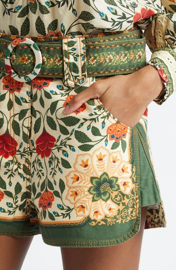 Garden Tapestry Print Belted Cotton Twill Shorts