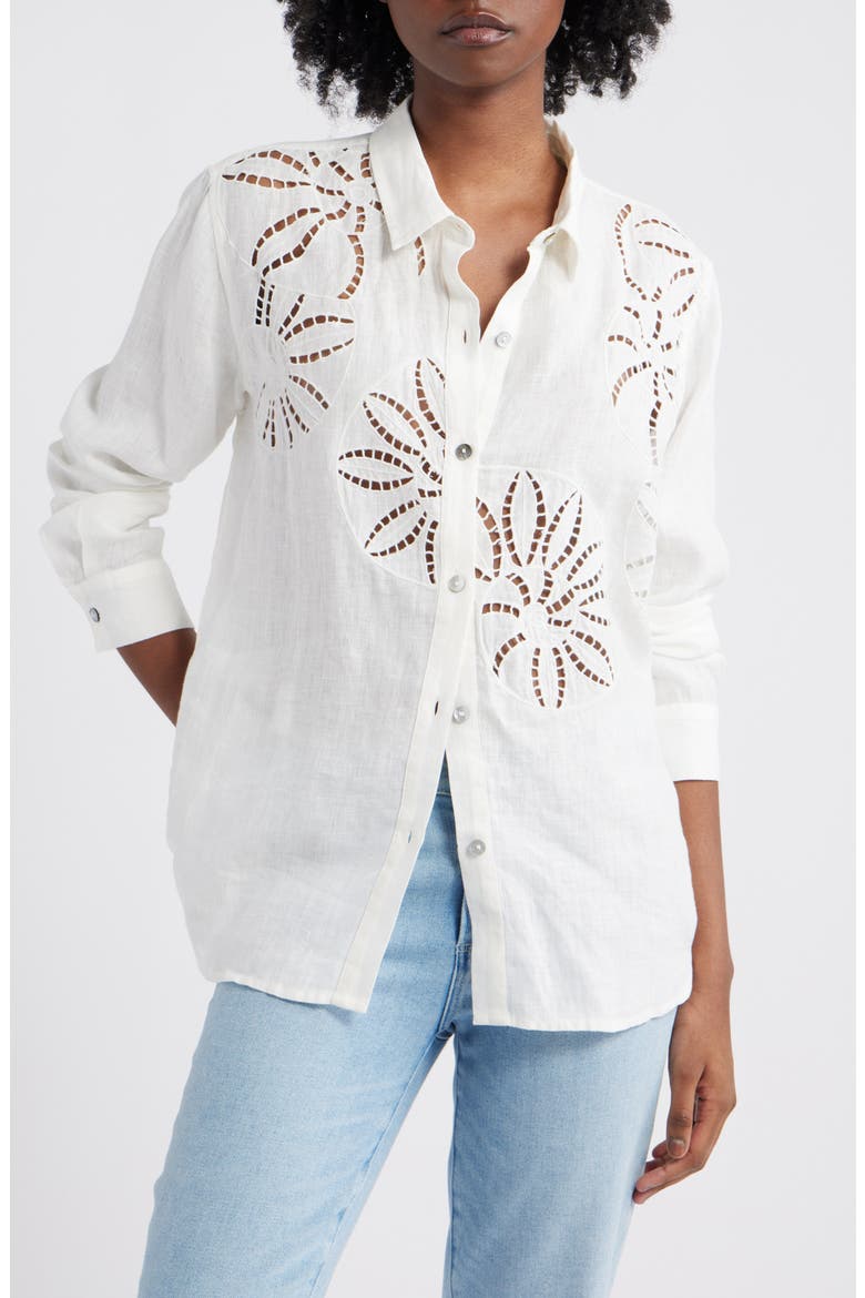 Samar Floral Embroidery Detail Linen Blend Button-Up Shirt, Main, color, WHITE