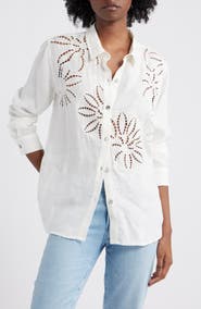Rails Samar Floral Embroidery Detail Linen Blend Button-Up Shirt