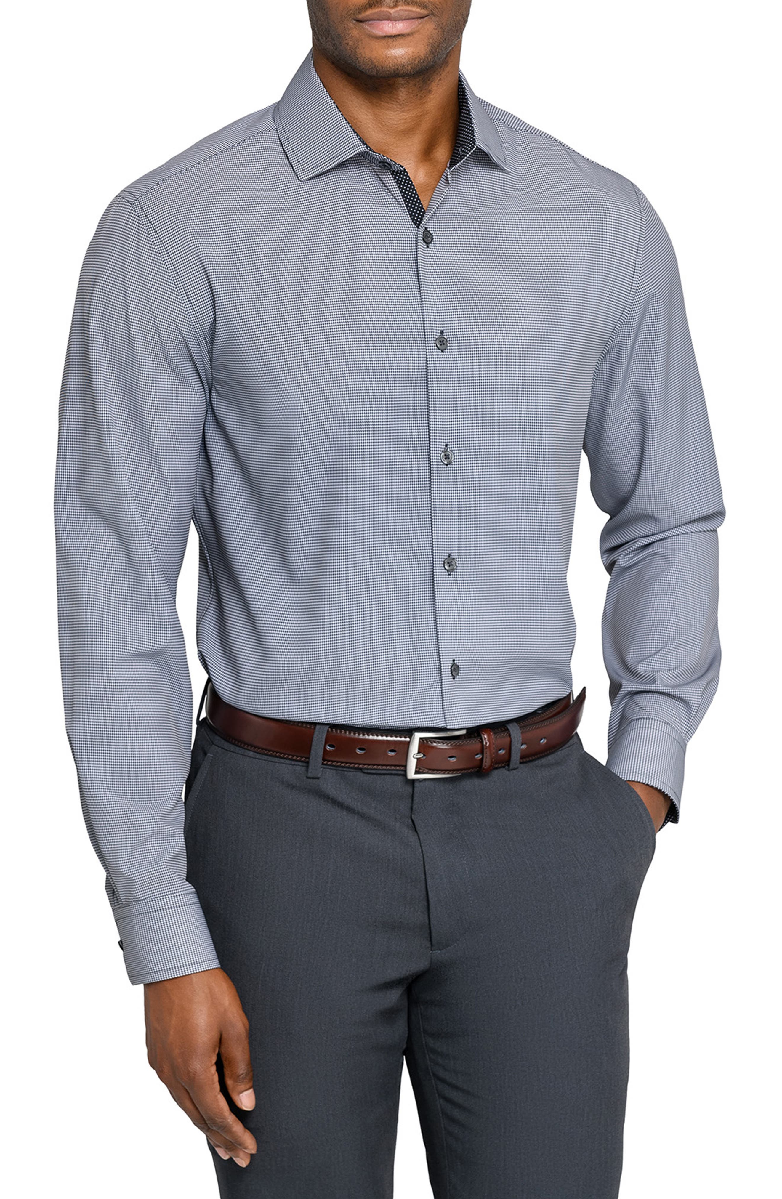 Slim Fit Black Micro Houndstooth Performance Dress Shirt