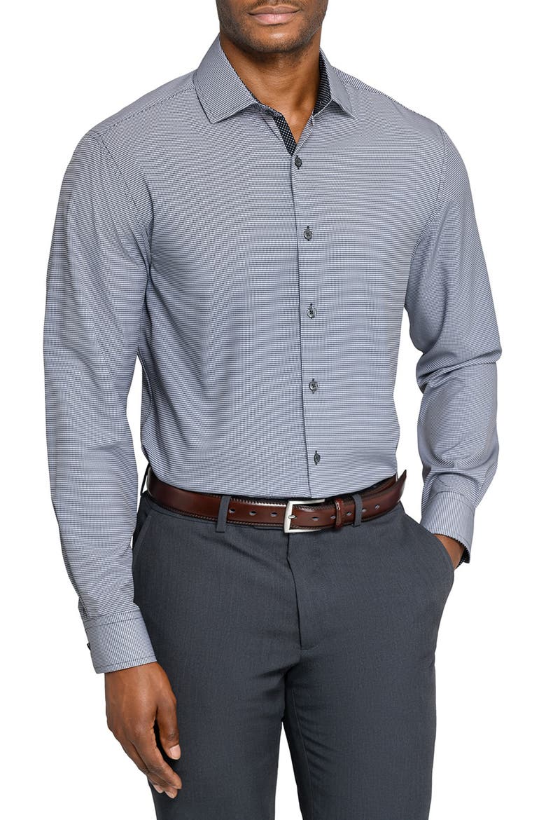 Slim Fit Black Micro Houndstooth Performance Dress Shirt, Main, color, BLACK/ WHITE