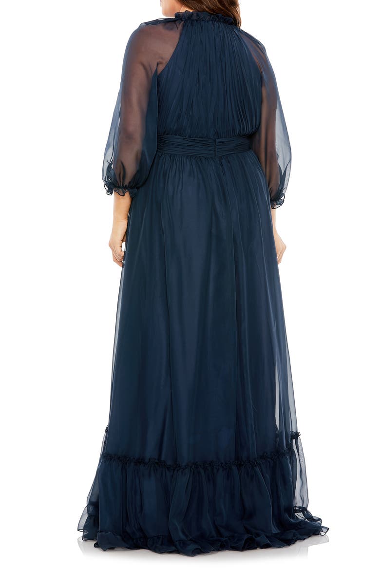 High-Neck Chiffon Dress with Puff Sleeves and Ruffle Tiered Skirt, Alternate, color, MIDNIGHT