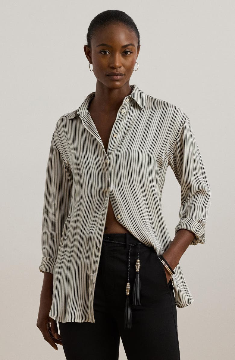 Lauren Ralph Lauren Stripe Relaxed Fit Satin Button-Up Shirt, Alternate, color, Cream/ Black