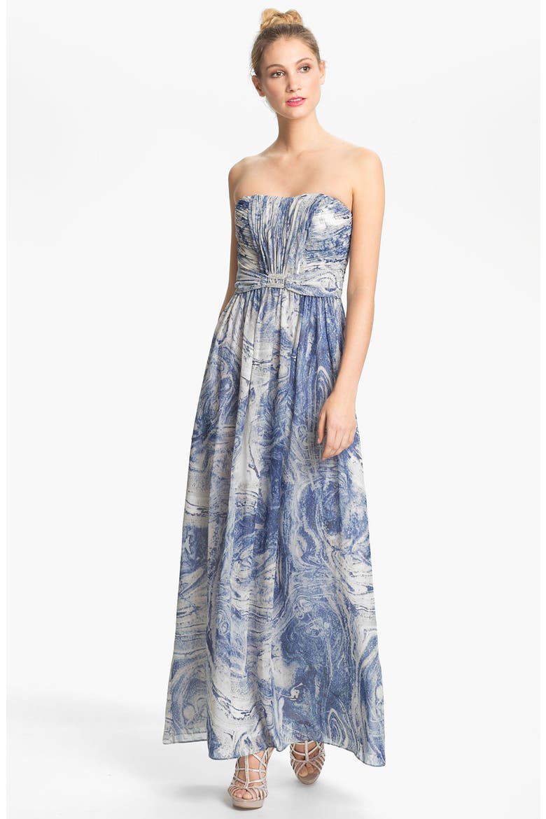 Embellished Print Strapless Chiffon Gown, Main, color, BLUE SILVER/ MARBLE
