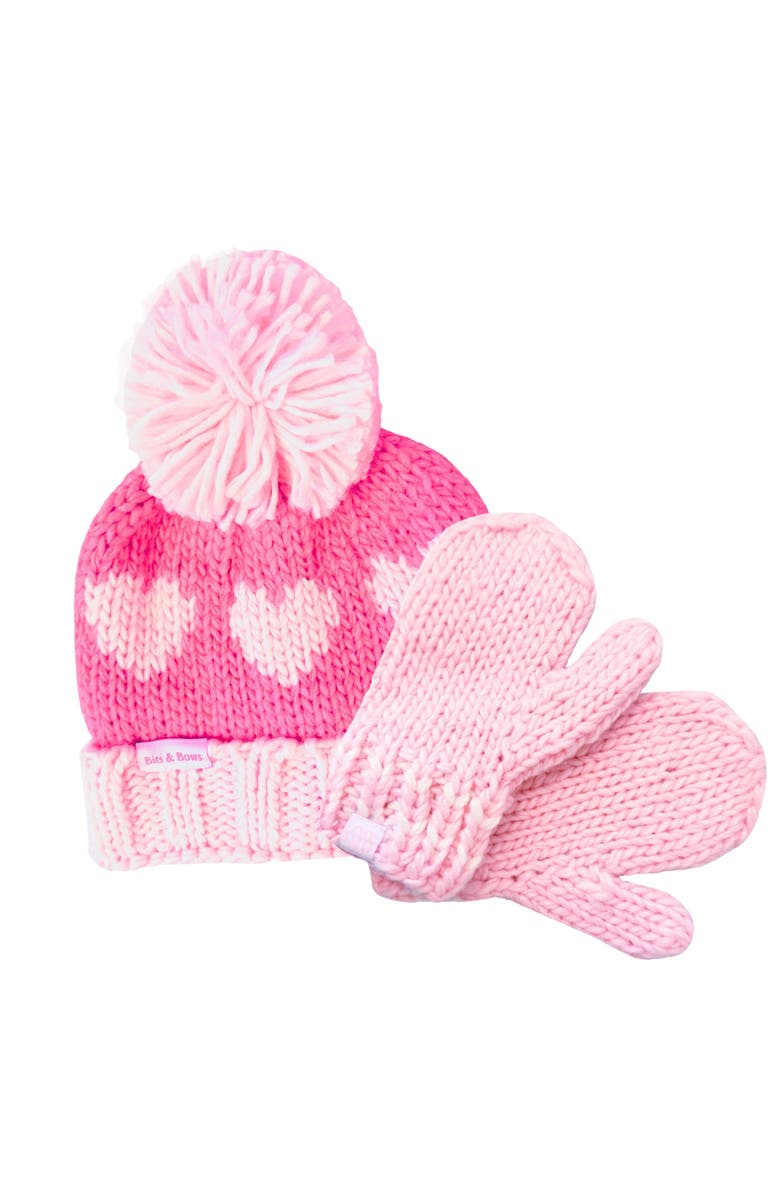 Bits & Bows Hearts Knit Hat/Mittens Bundle, Main, color, Pink