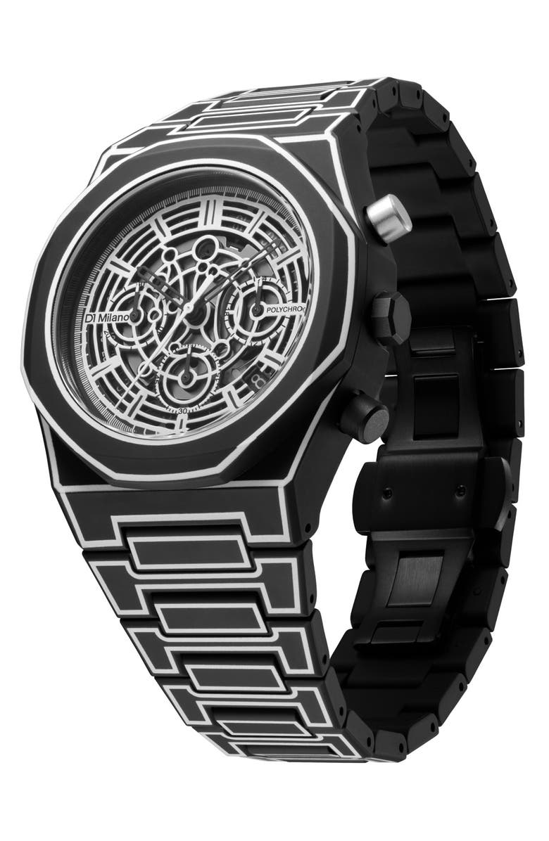 D1 Milano Sketch Skeleton Chronograph Bracelet Watch, 40.5mm, Alternate, color, Black