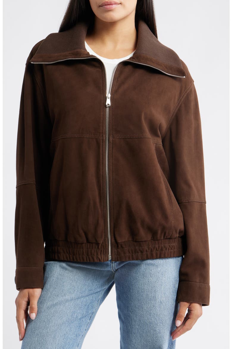 Oversize Suede Bomber Jacket, Alternate, color, DARK CHOCOLATE