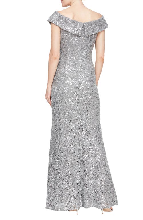 Alex Evenings Sequin Corded Lace Off The Shoulder Gown In Pewter