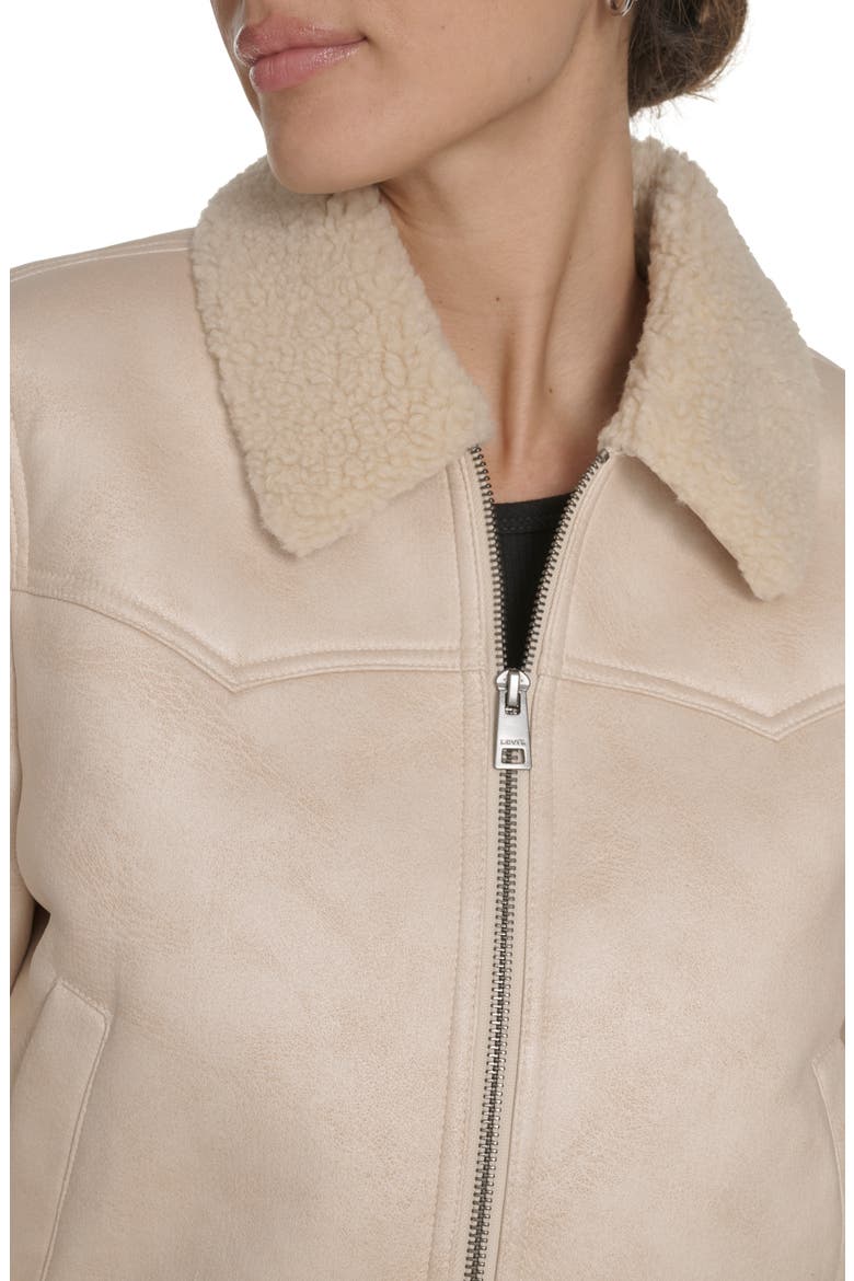 Faux Shearling Trim Faux Leather Western Bomber Jacket, Alternate, color, ALMOND MILK