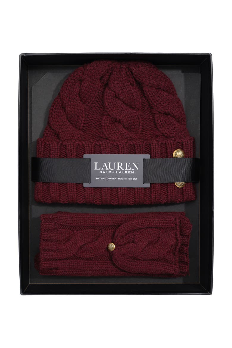 cable hat and convertible mitten gift set, Main, color, dark garnet