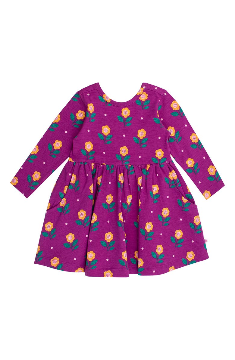 RuffleButts Sunflower Meadow Long Sleeve Stretch Cotton Dress, Alternate, color, Purple