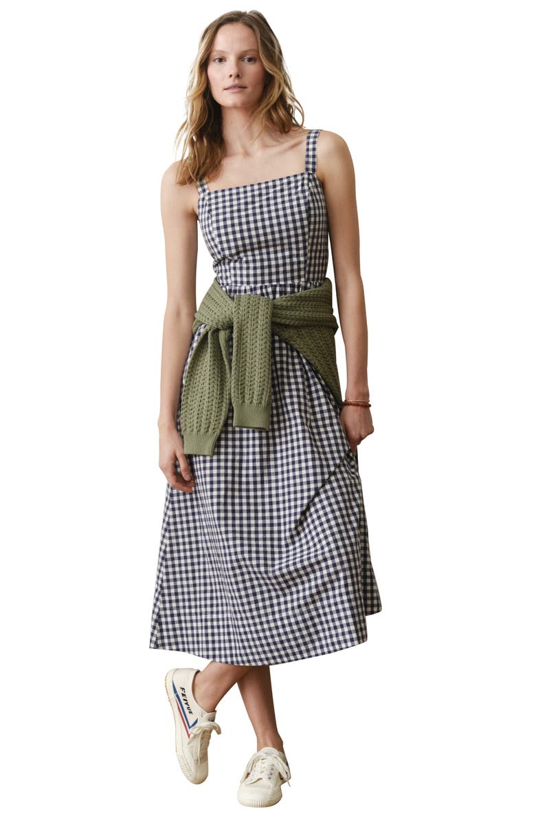 Marine Layer Demi Gingham Pima Cotton Poplin Midi Dress, Alternate, color, Navy Gingham