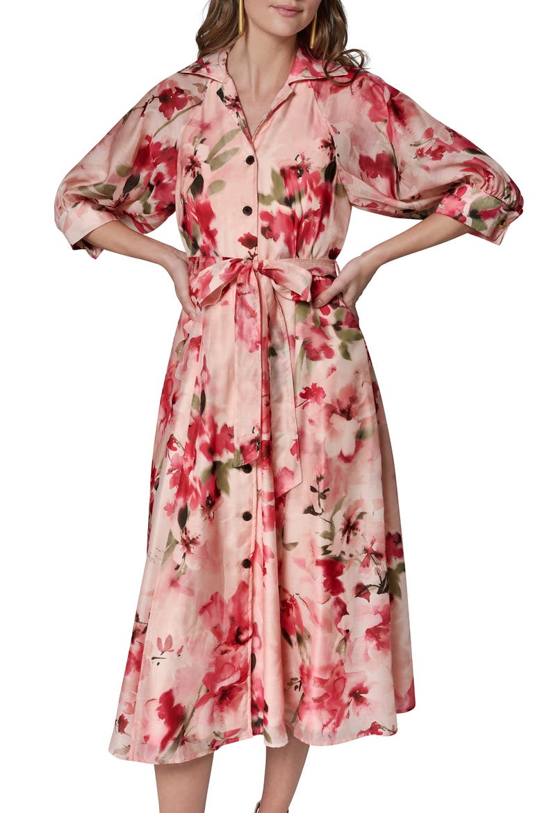 Floral Print Tie Waist Midi Shirtdress, Alternate, color, GERANIUM MULTI