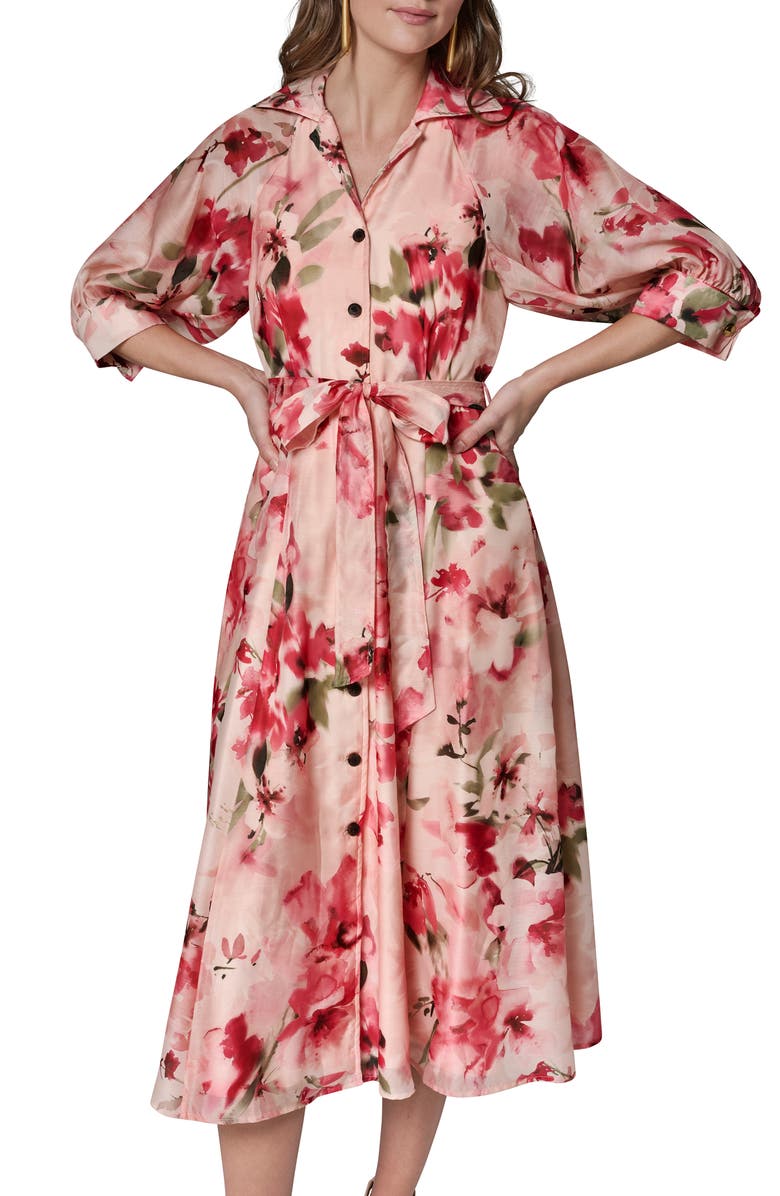 Donna Karan New York Floral Print Tie Waist Midi Shirtdress, Alternate, color, Geranium Multi