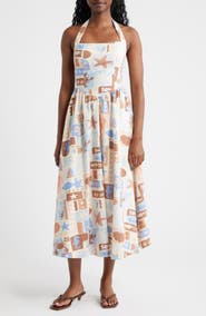 MOON RIVER Beach Print Halter Sundress