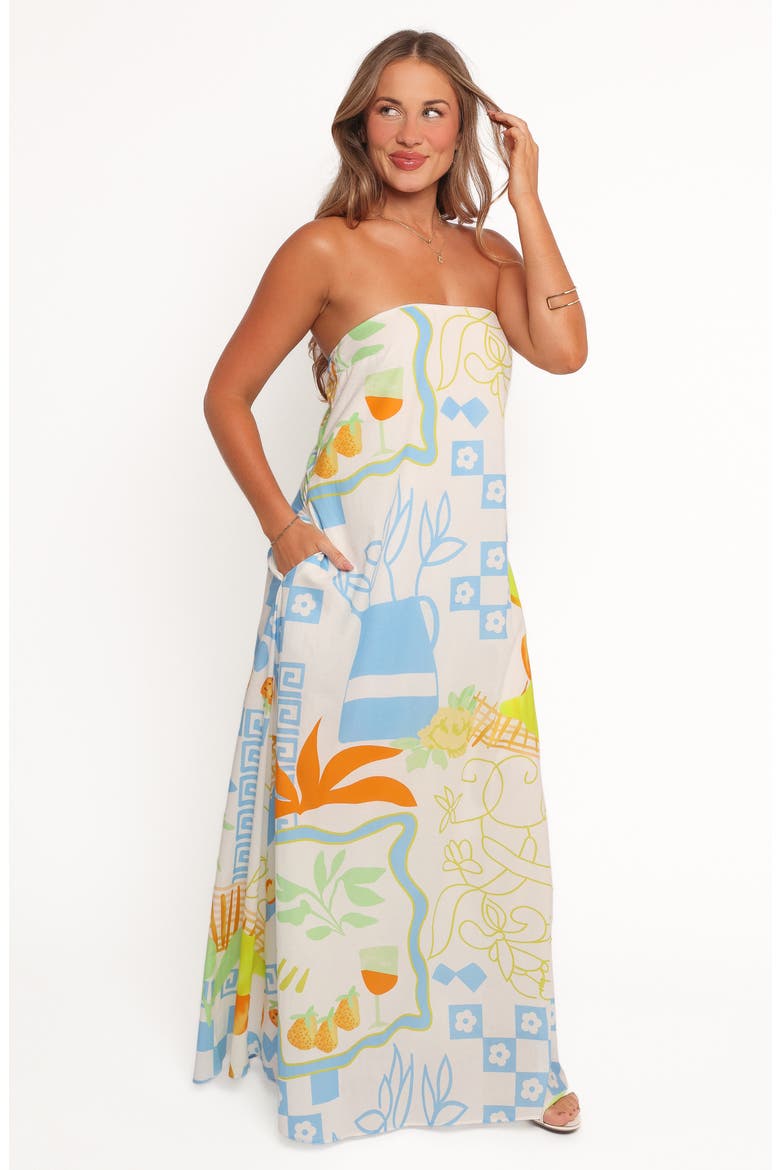 Kaelani Printed Strapless Cotton Maxi Dress, Alternate, color, BLUE MULTI PRINT