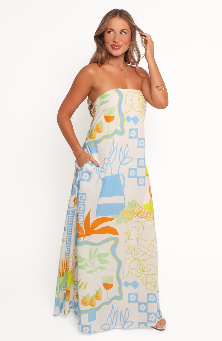 Petal & Pup Kaelani Printed Strapless Cotton Maxi Dress, Alternate, color, Blue Multi Print